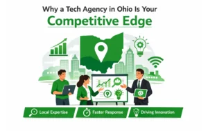 Ohio-based tech agency illustration with business growth and innovation icons