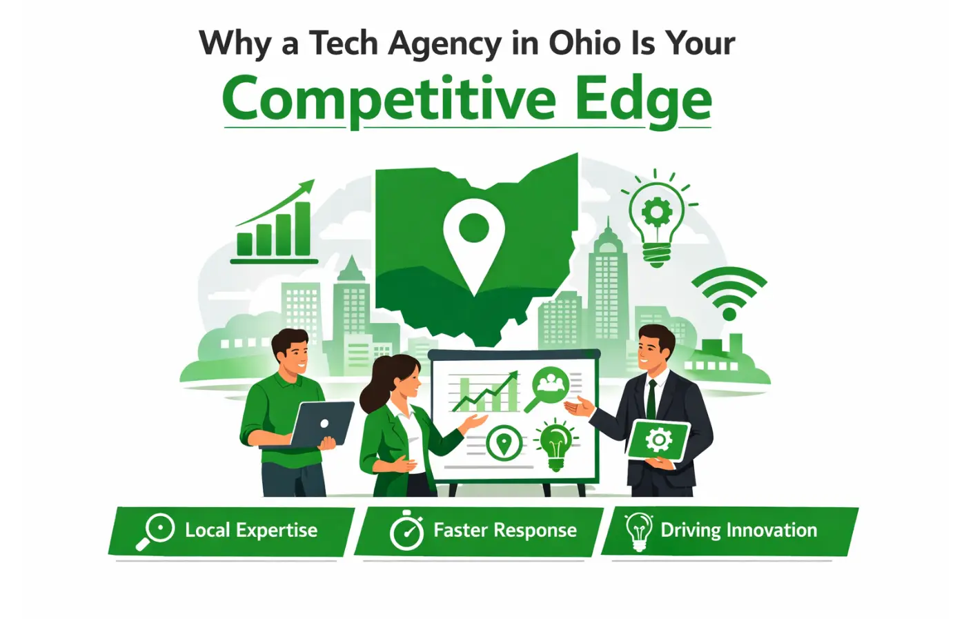 Ohio-based tech agency illustration with business growth and innovation icons