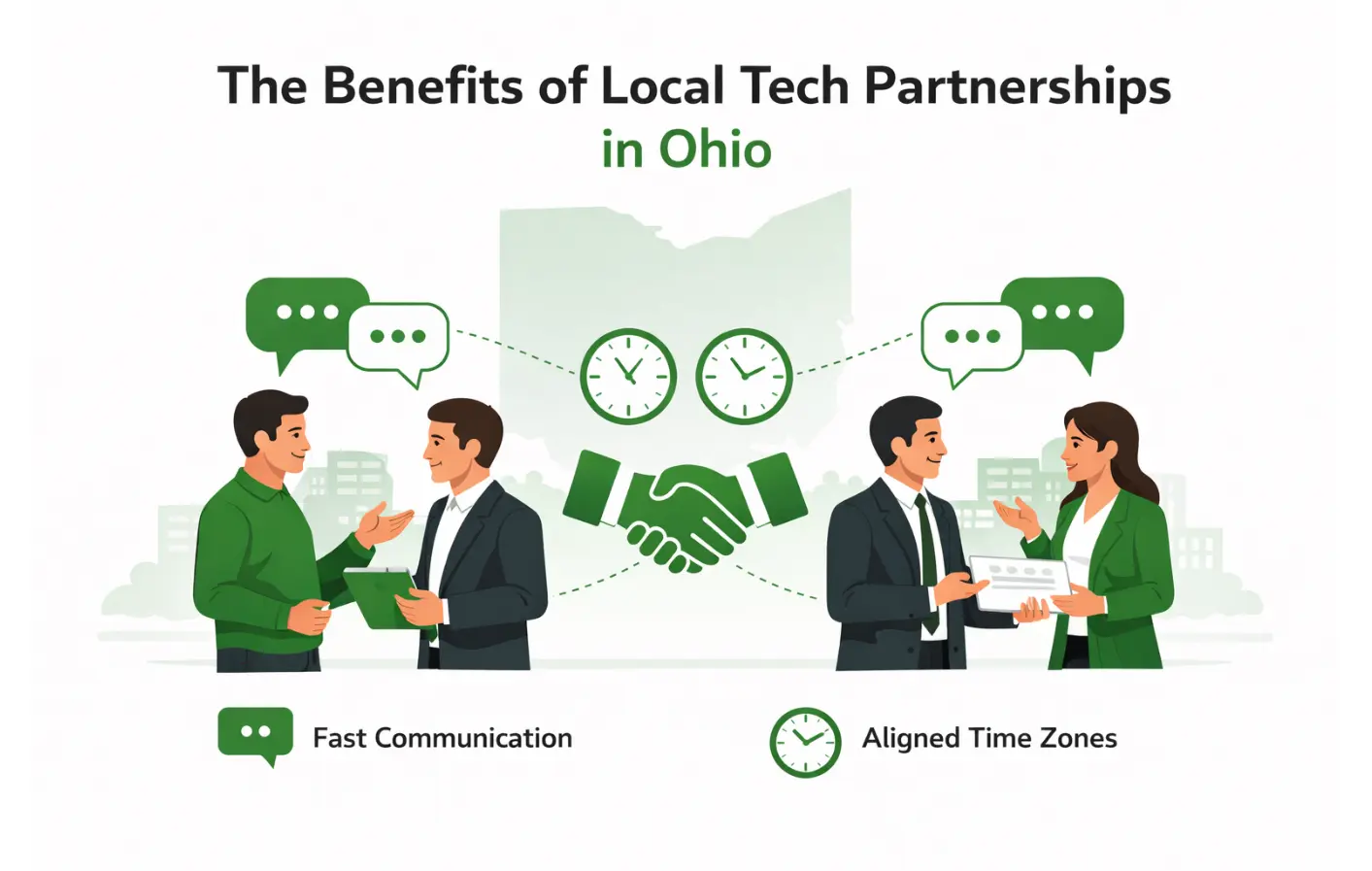 Local tech partnerships in Ohio illustrated with business meetings and communication icons.