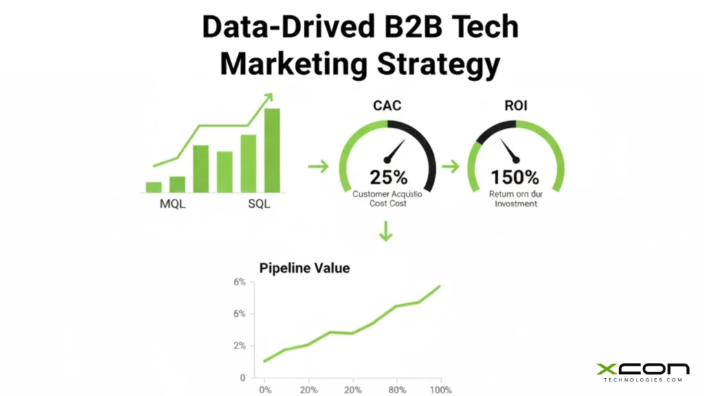 B2B marketing analytics dashboard showing ROI, CAC, and lead performance metrics