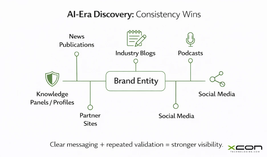 Diagram showing how digital PR and consistent brand messaging improve AI-era discovery and search visibility.