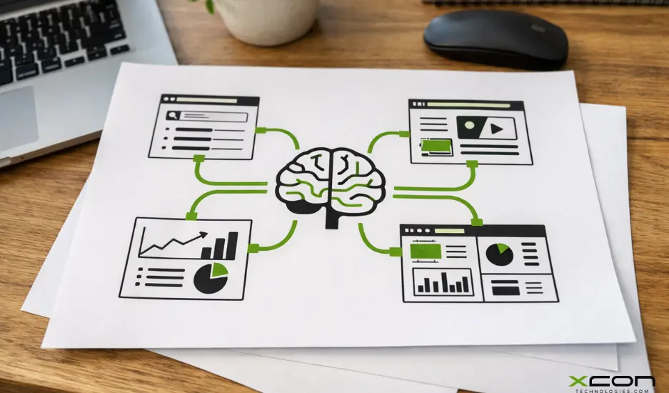 AI-driven content marketing workflow showing SEO automation, analytics insights, and B2B lead optimization.