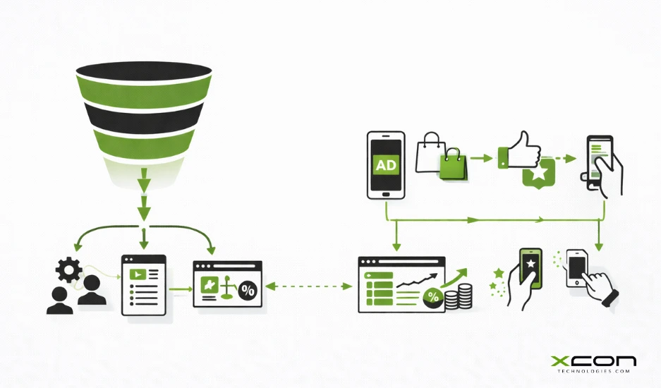 Comparison illustration showing differences between B2B technology advertising strategy and consumer tech marketing approach.