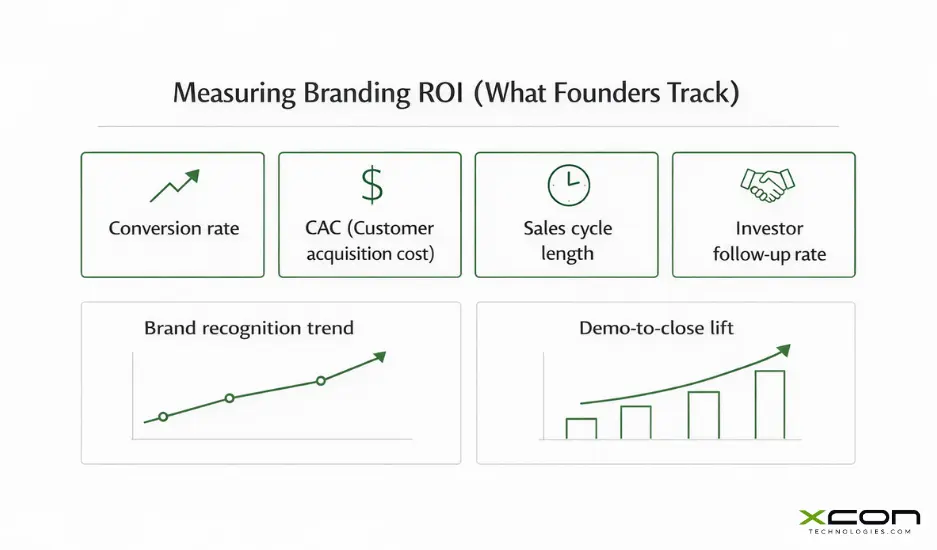 Branding ROI dashboard for startups showing CAC, conversion, sales cycle, and investor response