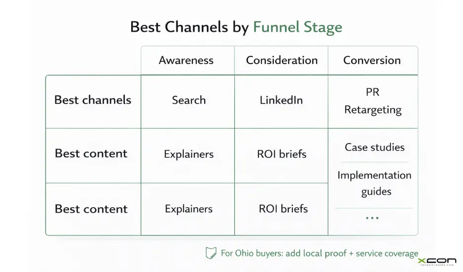 Channel strategy matrix for clean tech marketing showing best channels by funnel stage