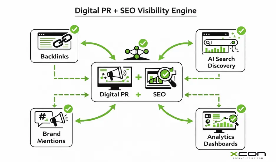 Digital PR and SEO integration diagram showing backlinks, search visibility, and AI discovery signals.