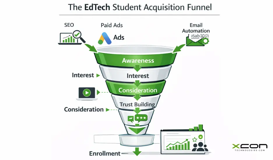 Analytics dashboard showing CPL, CPE, LTV and conversion metrics for EdTech marketing