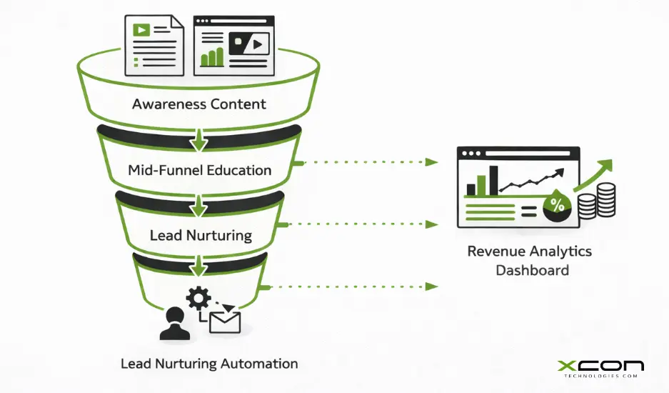 Full-funnel tech content marketing illustration showing lead generation, nurturing, analytics, and ROI growth.