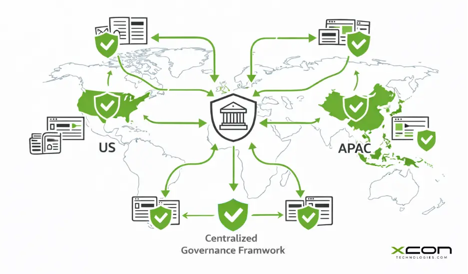Global fintech PR framework showing regional compliance signals and cross-border communication strategy.
