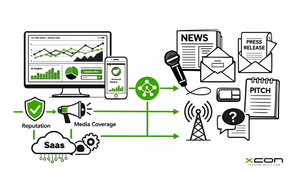 High tech PR vs traditional PR comparison showing digital analytics, AI-driven media visibility, and modern tech communication strategy.