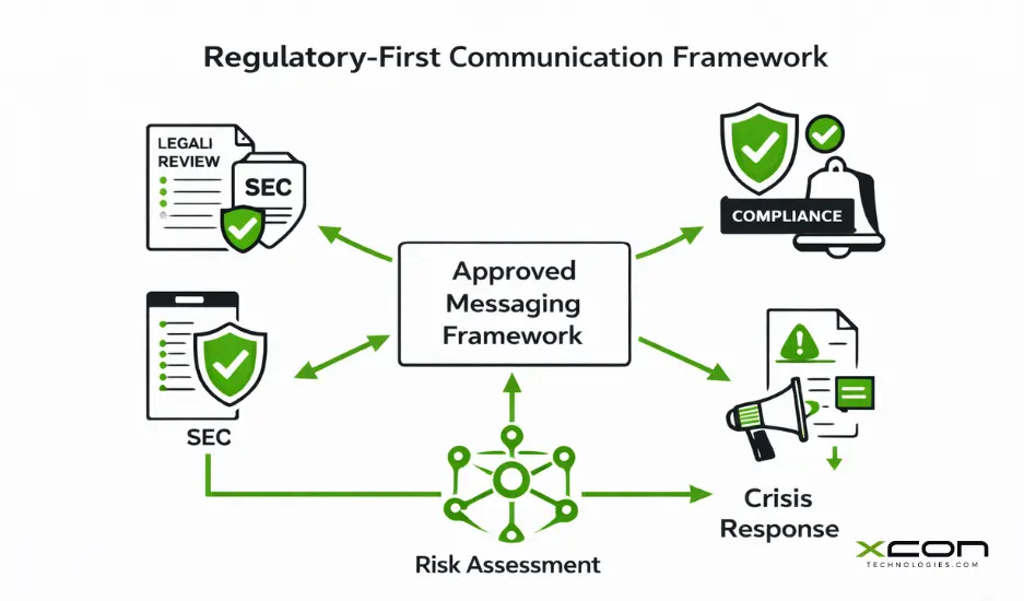 Fintech PR compliance workflow showing legal review process, regulatory shields, and risk-managed communication system.