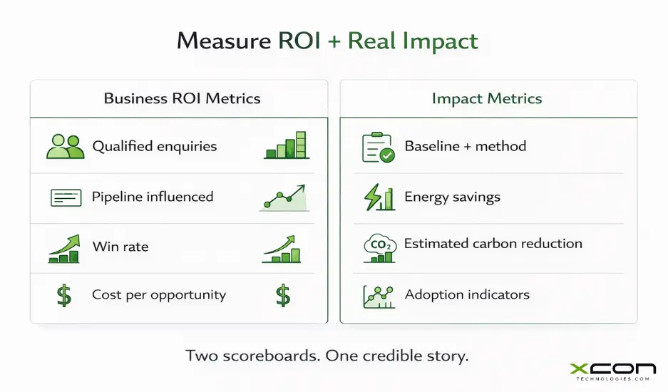 Metrics dashboard for clean tech marketing comparing business ROI metrics with sustainability impact metrics