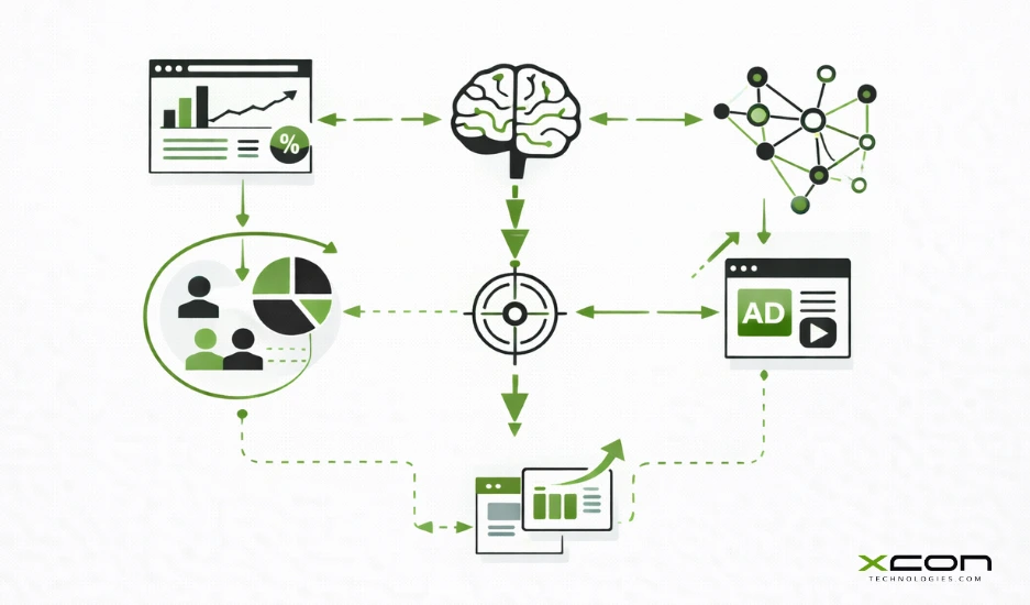 AI-powered market intelligence illustration showing audience targeting, analytics dashboards, and tech advertising optimization.