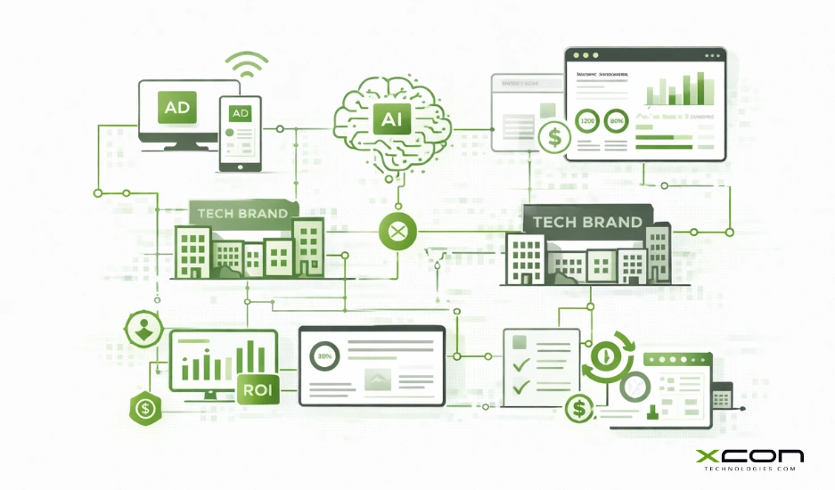 Technology advertising landscape illustration showing digital ad channels, AI targeting, and brand visibility competition.