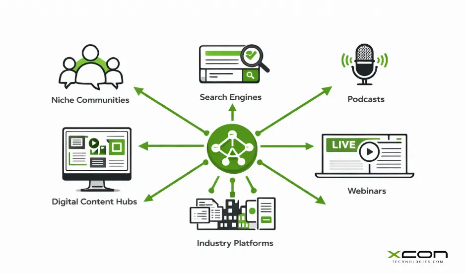 Digital PR audience engagement illustration showing targeted tech communities and content distribution channels