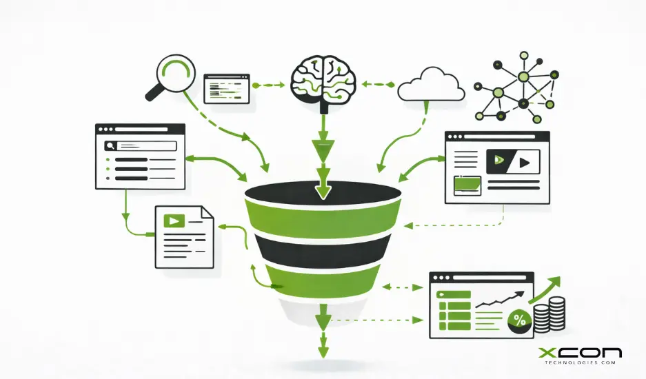 Tech content marketing ecosystem illustration showing AI-driven SEO, data analytics, and B2B lead generation funnel.