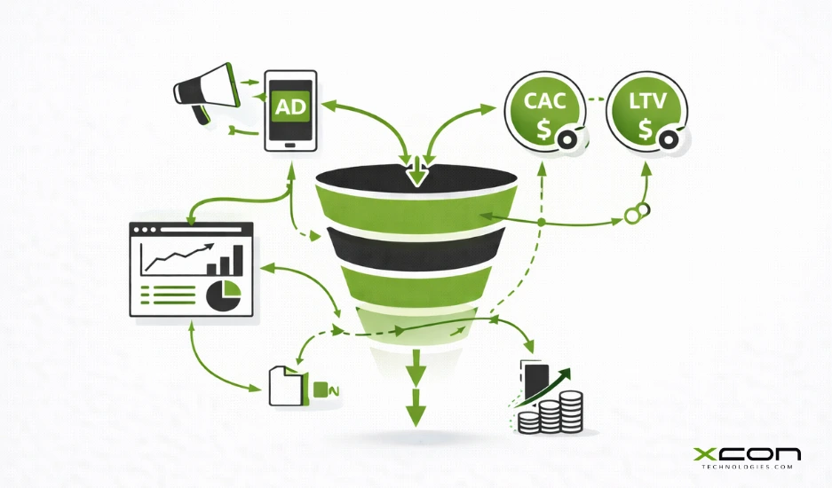 Technology advertising funnel illustration showing lead generation, ROI tracking, and enterprise marketing optimization.