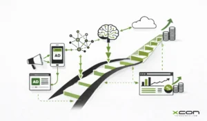 Technology advertising illustration showing AI-driven targeting, analytics dashboards, and enterprise tech brand visibility growth.