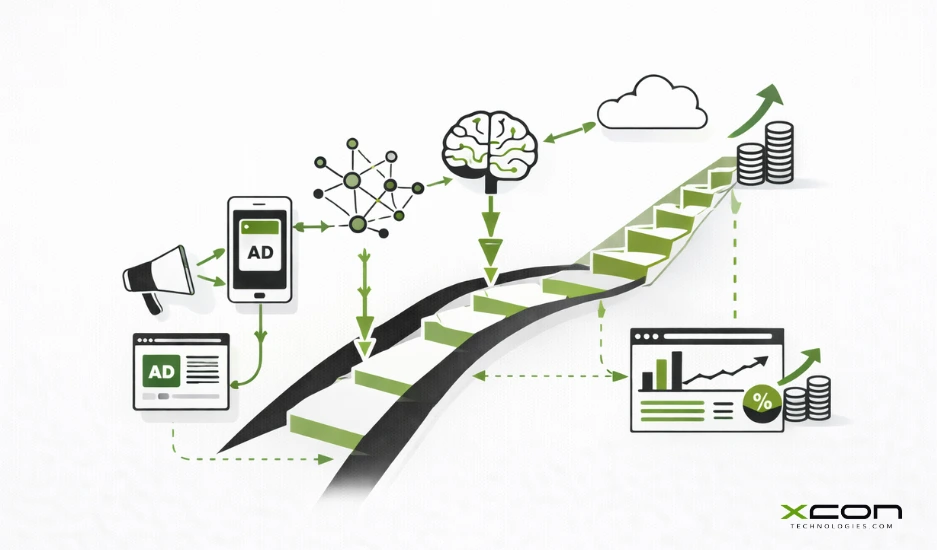 Technology advertising illustration showing AI-driven targeting, analytics dashboards, and enterprise tech brand visibility growth.