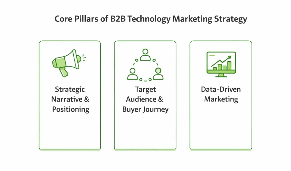 Core pillars of B2B technology marketing strategy including positioning, audience understanding, and analytics.