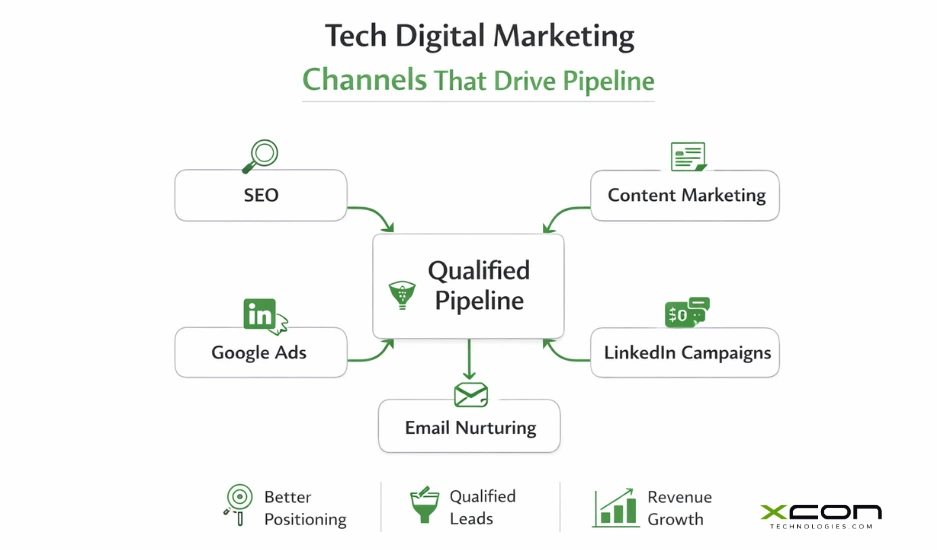 Bottom-funnel content framework for tech companies featuring case studies, comparison pages, pricing pages, and implementation FAQs