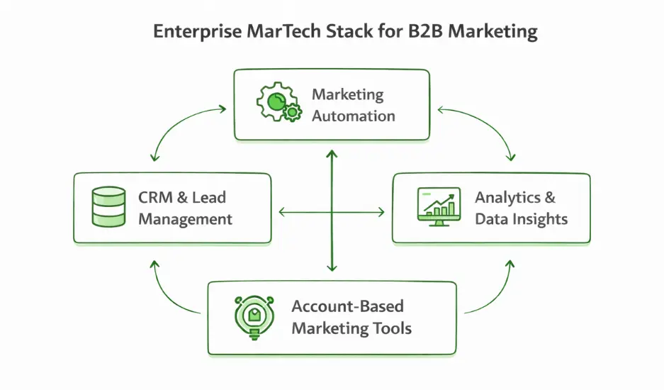 Enterprise Martech stack integration including CRM, analytics, marketing automation and ABM tools.