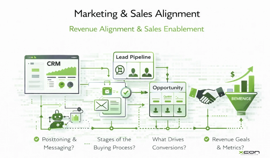 Marketing and sales alignment in B2B tech showing CRM workflows, lead funnel, and conversion process