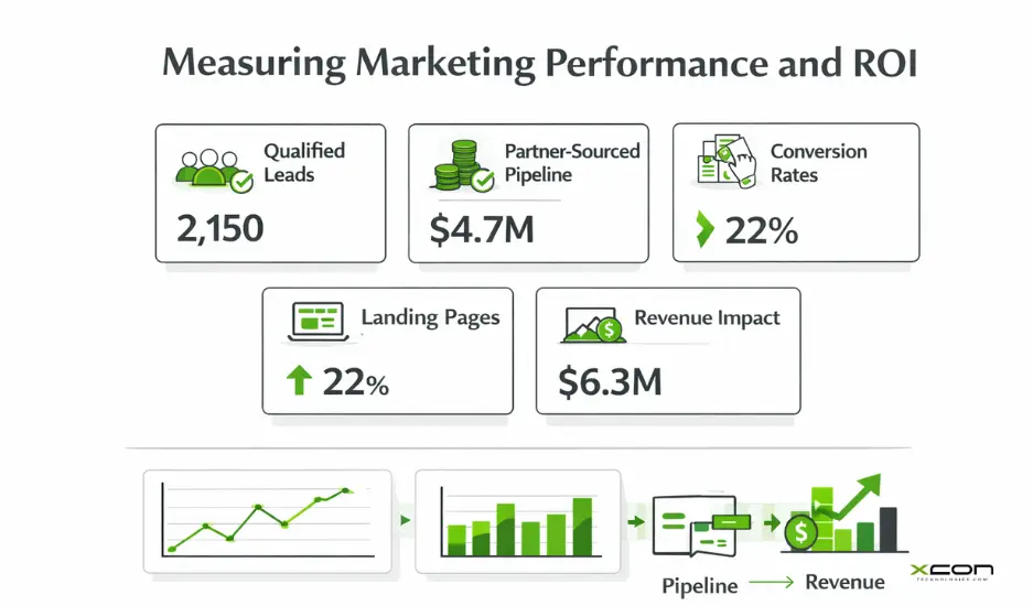 B2B channel marketing ROI dashboard with qualified leads, partner pipeline, conversion rates, and revenue impact