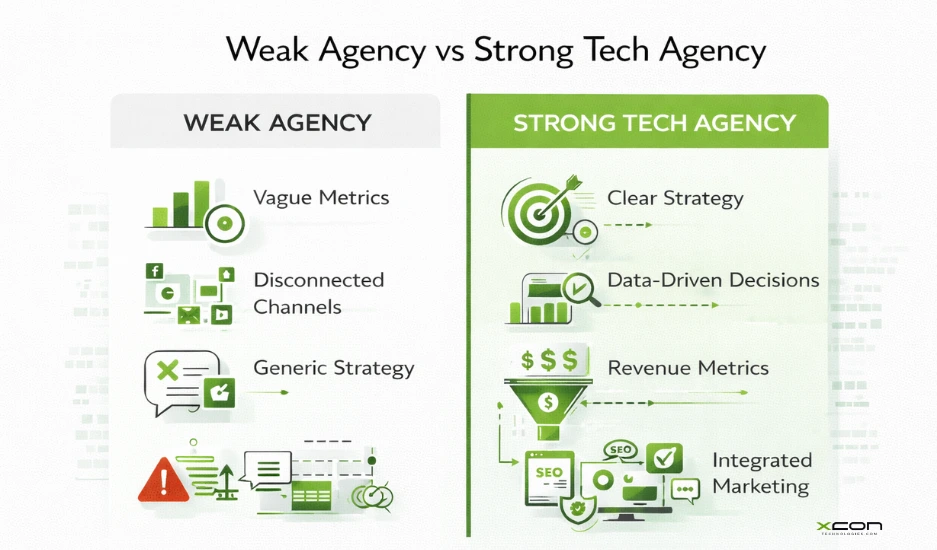 Comparison of weak vs strong tech agency showing strategy clarity, data use, and revenue focus