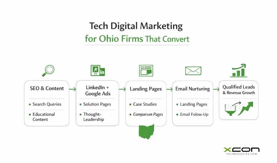 Tech digital marketing strategy illustration for Ohio tech firms showing SEO, paid ads, content, email nurturing, and revenue growth