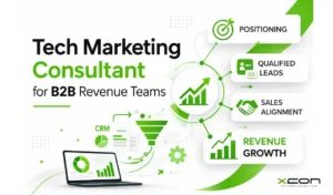 Tech Marketing Consultant for B2B revenue teams with strategy funnel and growth diagram
