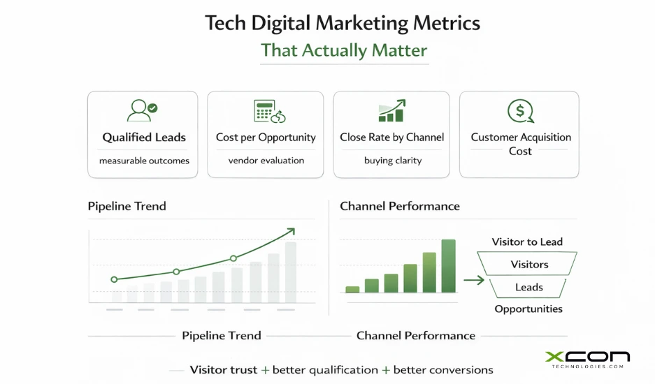 Tech digital marketing KPI dashboard showing qualified leads, cost per opportunity, close rate, and customer acquisition cost