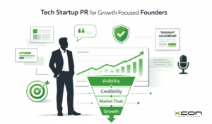 Tech Startup PR concept showing founder credibility, media trust, and startup growth