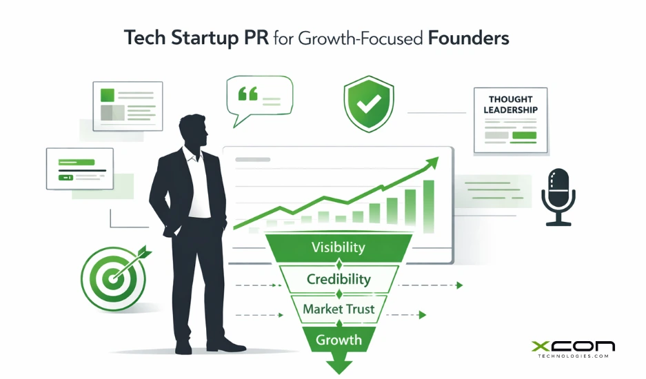 Tech Startup PR concept showing founder credibility, media trust, and startup growth