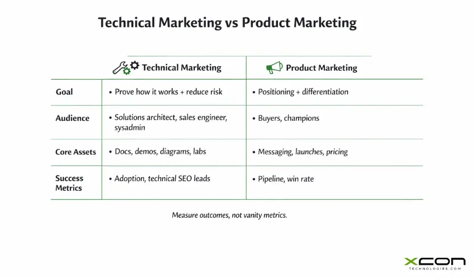 Technical Marketing vs Product Marketing comparison table for SaaS